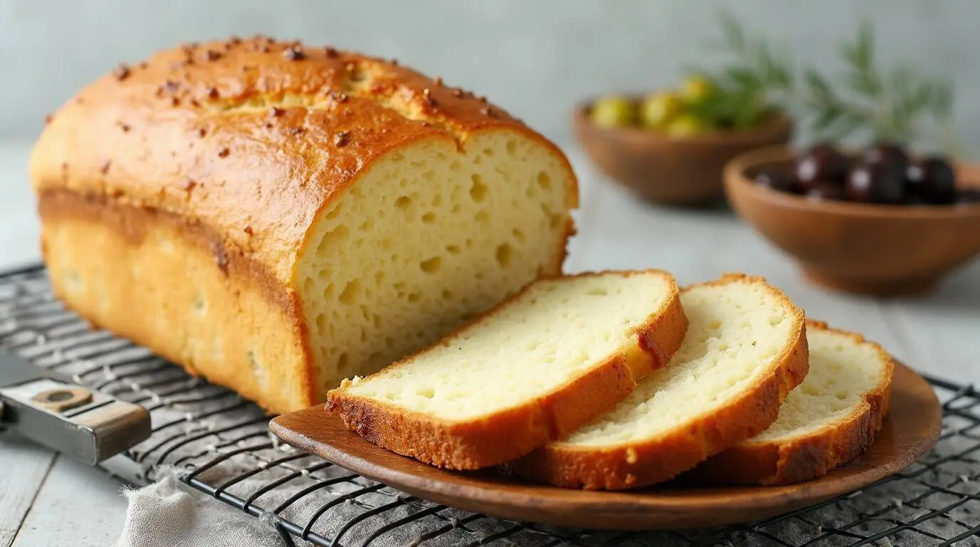 Sliced cottage cheese bread loaf served on a plate, showcasing its fluffy texture