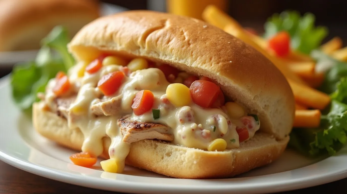 Chicken cheese steak served hot, packed with tender chicken, melted cheese, and fresh vegetables.