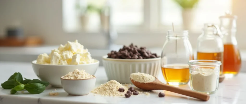 Cottage Cheese Cookie Dough balls with chocolate chips on a white plate, surrounded by a linen napkin and scattered chocolate chips