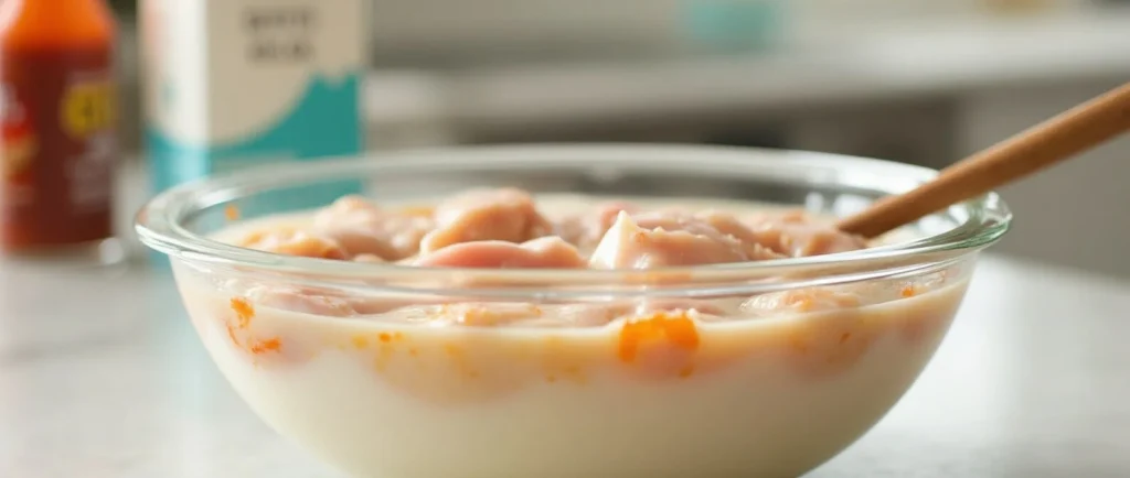 Raw chicken thighs marinating in a glass bowl filled with buttermilk and hot sauce, a crucial step in the Nashville Chicken with Mac n Cheese recipe