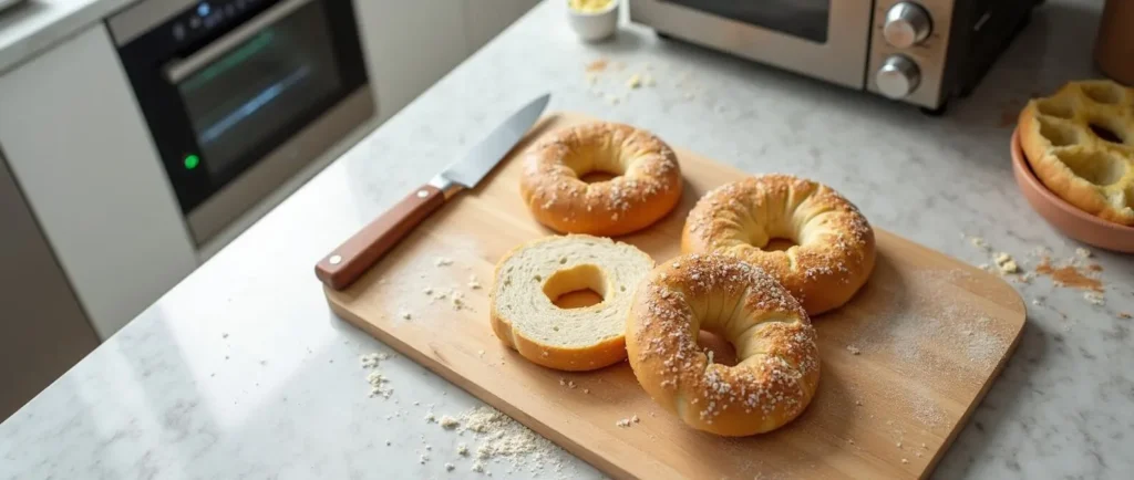 Bagels with cream cheese topped with melted cheese and fresh herbs on a wooden board, showcasing a delicious and easy breakfast or brunch recipe