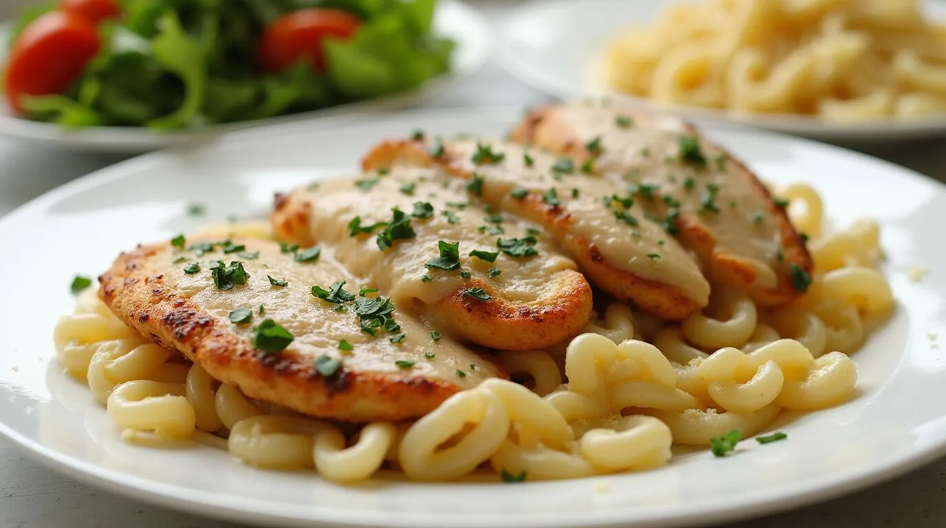 Chicken and Boursin cheese recipe served with creamy pasta, garnished with fresh parsley for a perfect dinner presentation