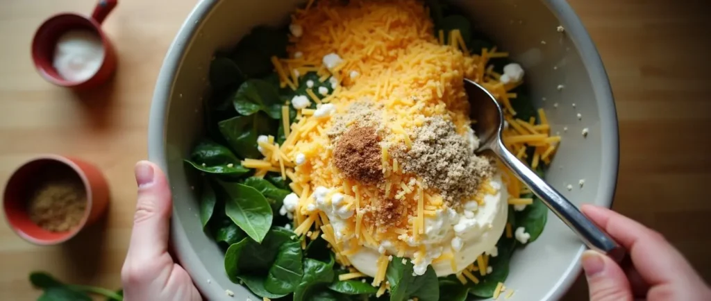 Mixing gluten-free ingredients for cheese bites, including cream cheese, spinach, shredded cheese, and herbs in a bowl