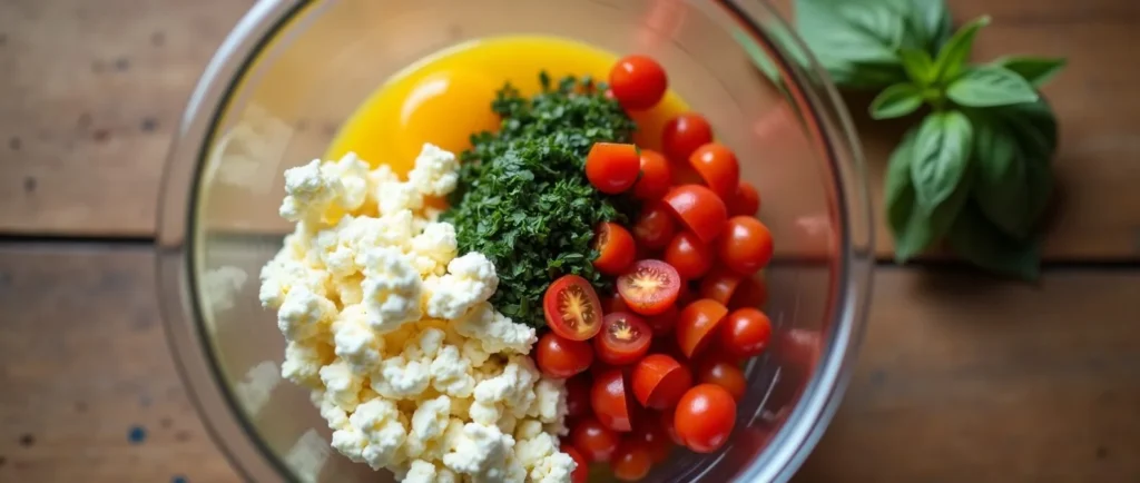 Ingredients for baked cottage cheese egg cups with cherry tomatoes, basil, and cottage cheese in a bowl