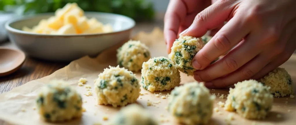 Hands shaping gluten-free cheese bites and rolling them in breadcrumbs for a crispy coating before baking