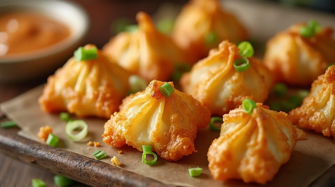 Golden Panda Express Cream Cheese Rangoons garnished with fresh green onions, ready to serve