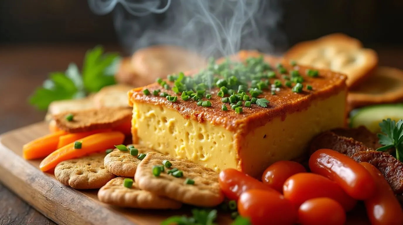 Smoked cream cheese served on a platter, garnished with fresh chives, surrounded by crackers, vegetables, and a smoky finish