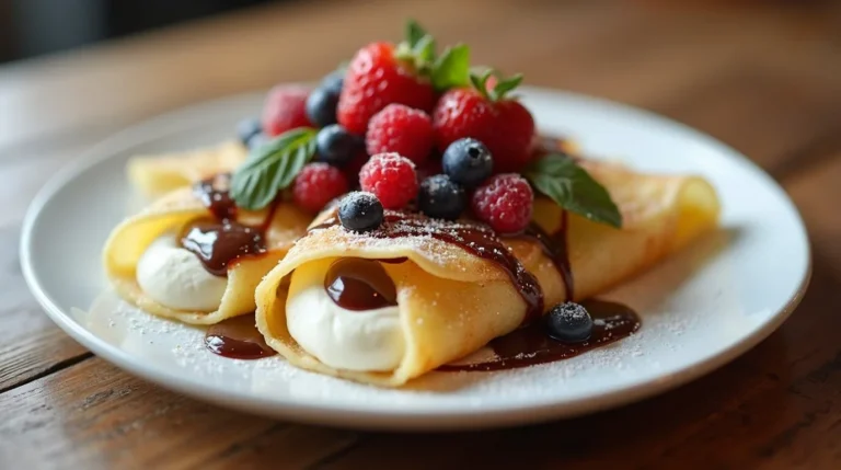 Crepes filled with cream cheese garniture, topped with fresh berries, chocolate drizzle, and powdered sugar for a delicious dessert