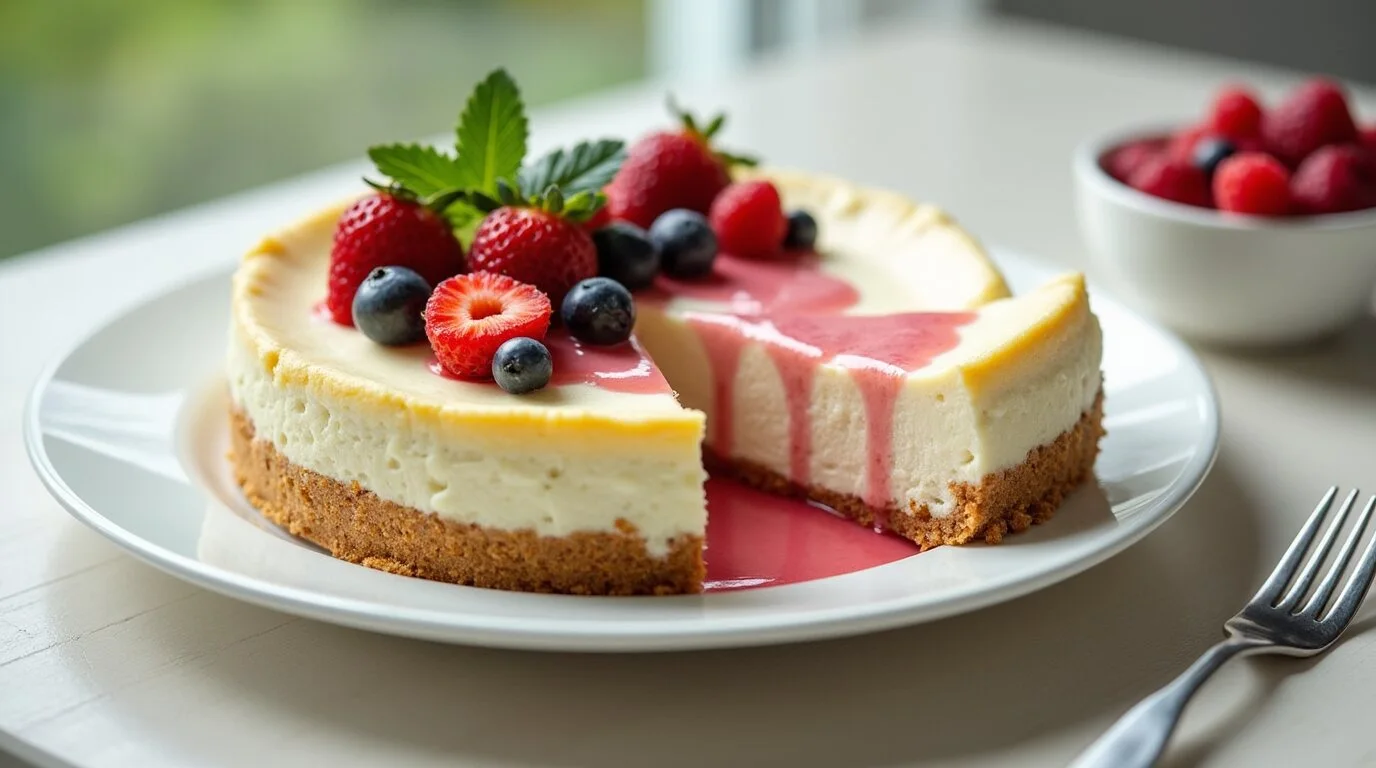 A beautifully presented cottage cheese cheesecake topped with fresh berries and drizzled with a vibrant fruit coulis, ready to be served