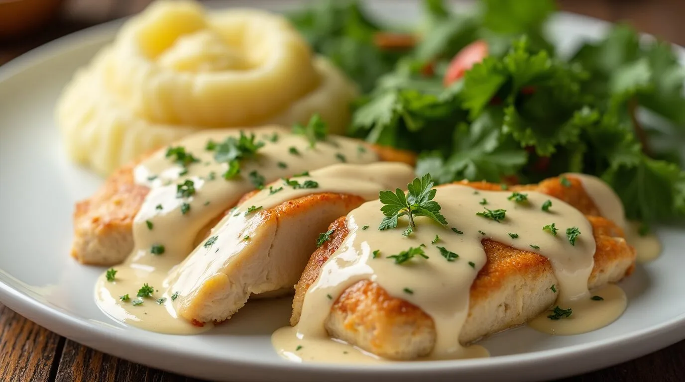 Quick and delicious chicken cream cheese recipe served on a plate, garnished with fresh herbs for a vibrant finish