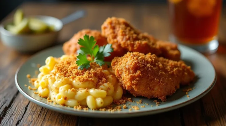 Plate of crispy Nashville chicken served with creamy mac n cheese topped with breadcrumbs, a classic Southern comfort food dish