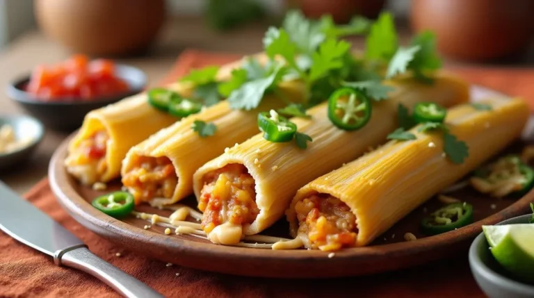 Step 5: Finished Chicken Cheese and Chili Tamales served on a plate. Tamales garnished with fresh herbs and ready to enjoy