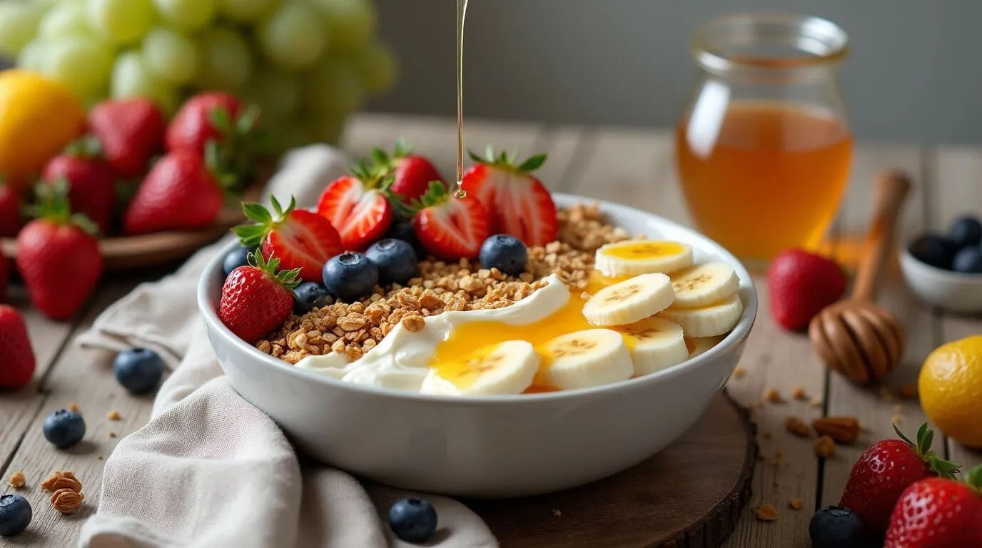 A beautifully served Daisy Cottage Cheese fruit bowl with fresh fruits and granola