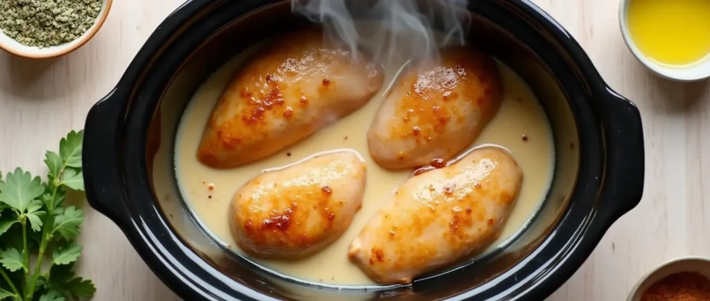 Chicken breasts in a Crock Pot, fully cooked and surrounded by a rich cream cheese sauce, for the Cream Cheese Chicken Crock Pot recipe