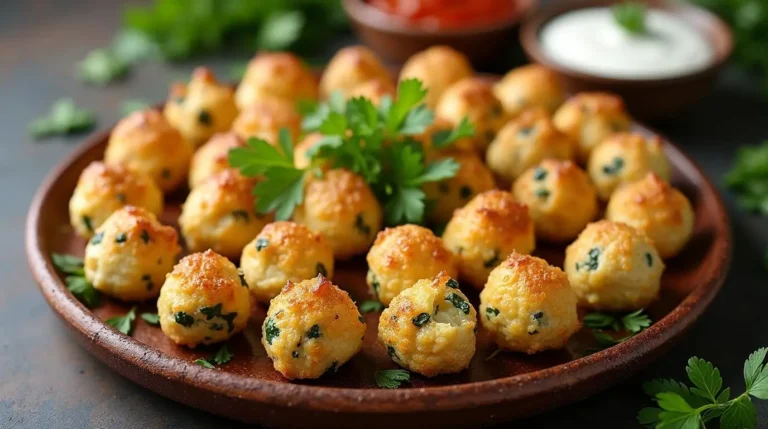 Golden-brown gluten-free cheese bites garnished with parsley, served on a rustic plate with dipping sauces in the background