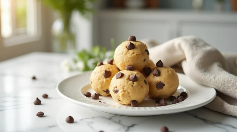 Perfectly rounded cottage cheese cookie dough balls garnished with sugar-free chocolate chips, served on a white plate with a linen napkin in the background