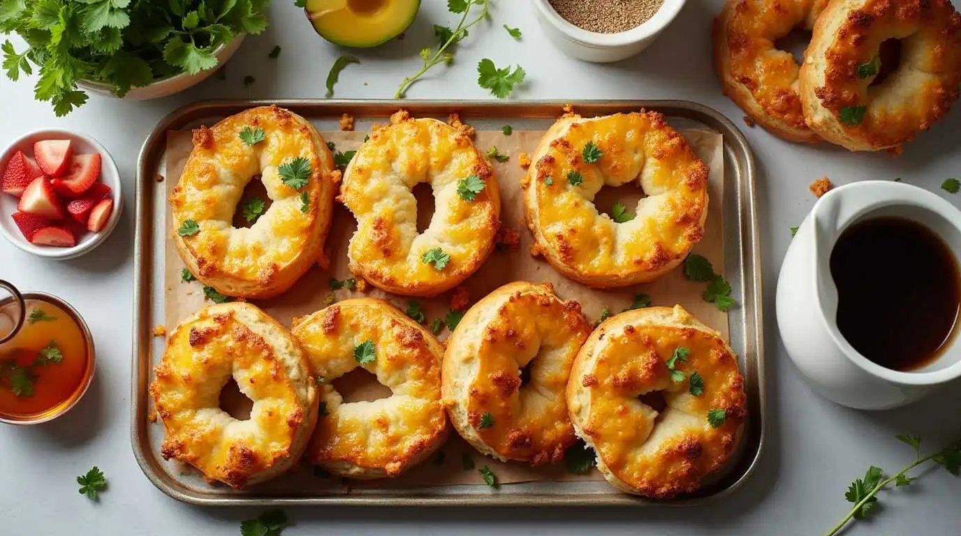 Golden baked bagels with cream cheese topped with melted cheese and fresh herbs, served on a platter with fresh fruits and coffee for a perfect breakfast