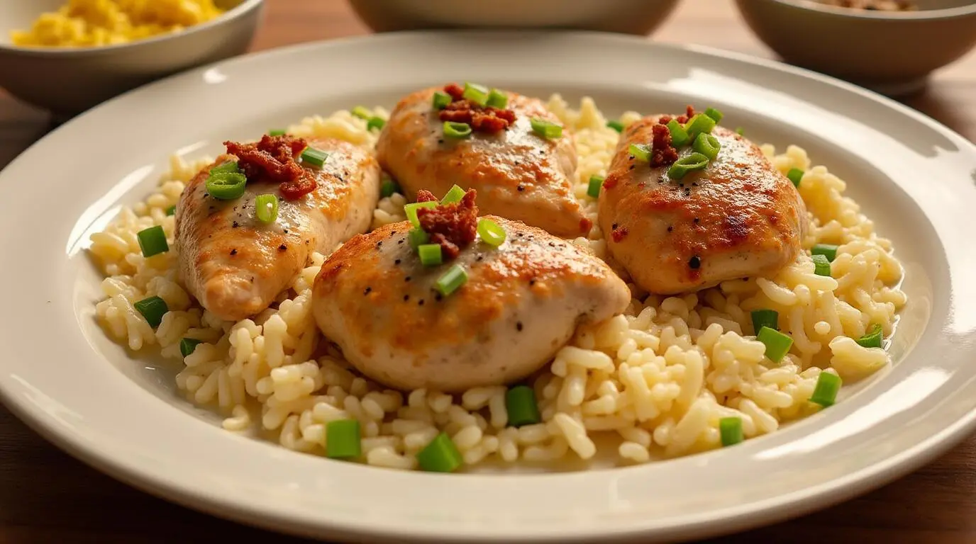 Cream Cheese Chicken served on a plate with creamy sauce, garnished with crispy bacon bits and green onions, perfect for the Cream Cheese Chicken Crock Pot recipe