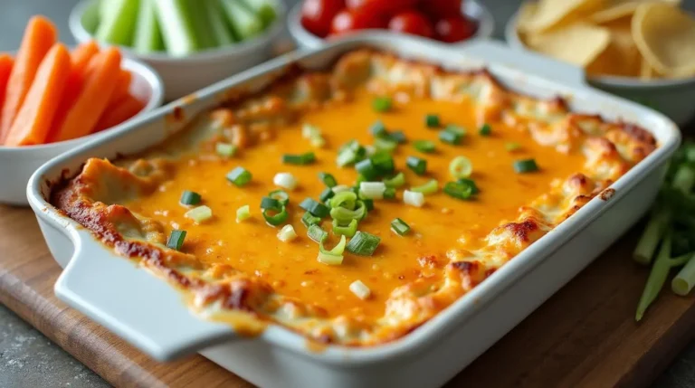 Cottage cheese buffalo chicken dip garnished with green onions, served with chips and veggies