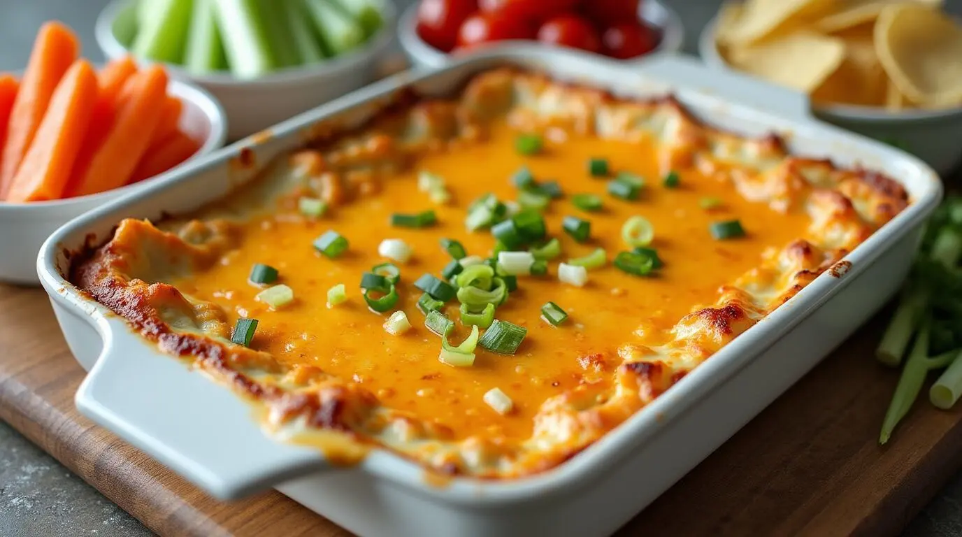 Cottage cheese buffalo chicken dip garnished with green onions, served with chips and veggies