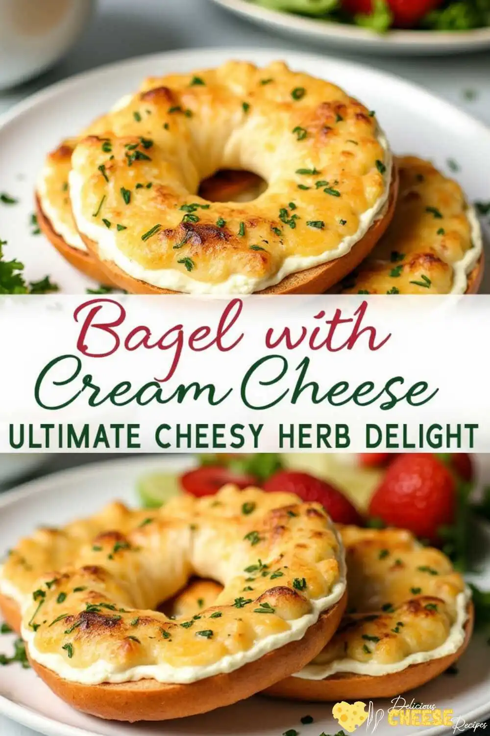 Golden bagels with cream cheese topped with melted cheese and fresh herbs, the ultimate cheesy herb delight for breakfast or brunch.