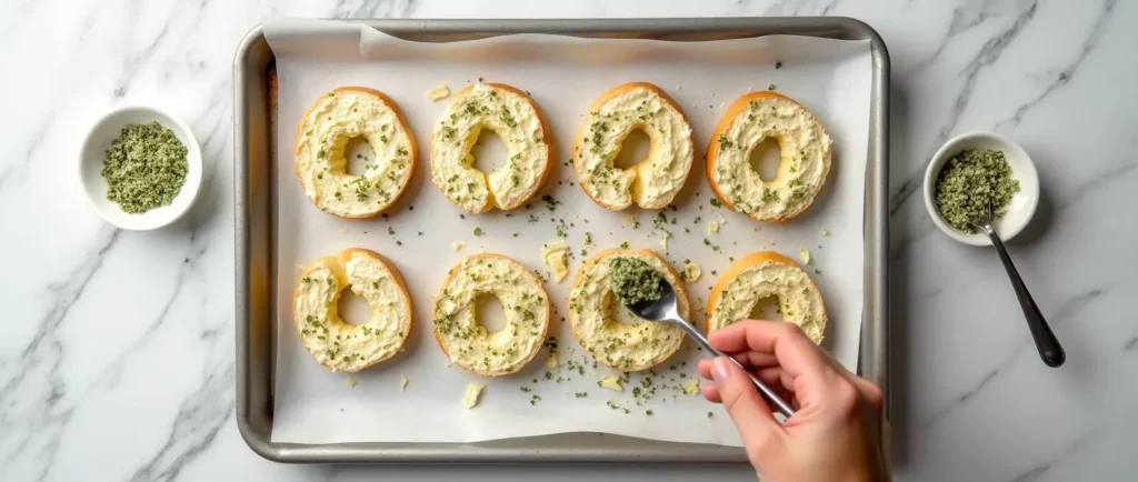 Sprinkling herb and cheese mixture over cream cheese-topped bagels, arranged on a baking tray.