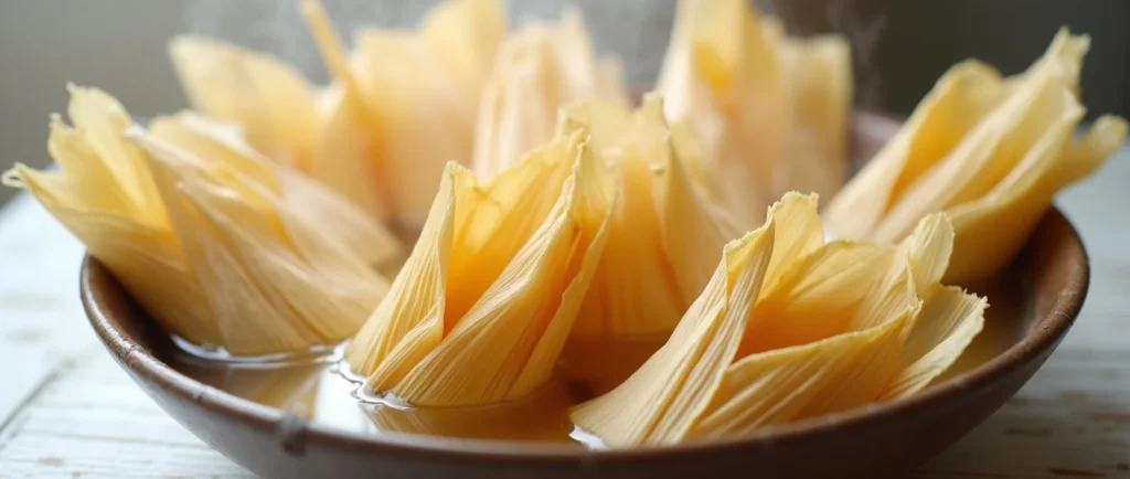 Step 1: Soaking corn husks for Chicken Cheese and Chili Tamales. Corn husks softened and prepared for assembling the tamales