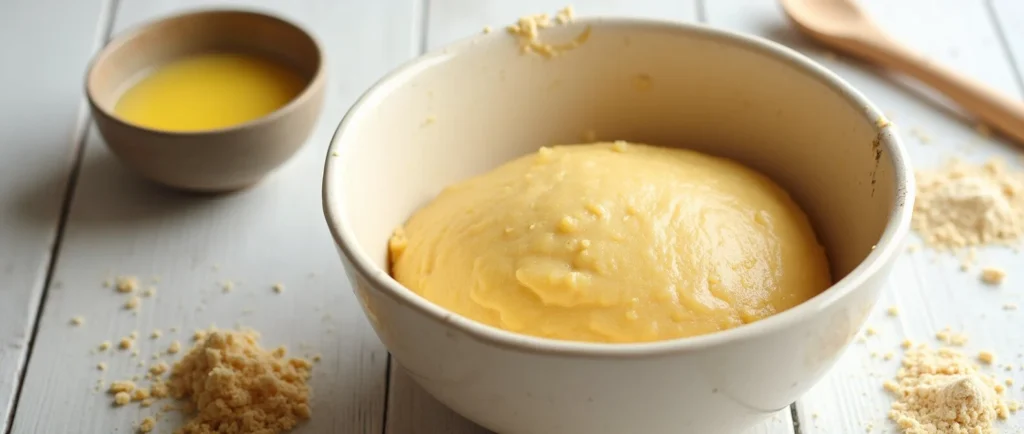 "Step 2: Preparing the masa dough for Chicken Cheese and Chili Tamales. Smooth and fluffy masa dough in a mixing bowl, ready to assemble the tamales