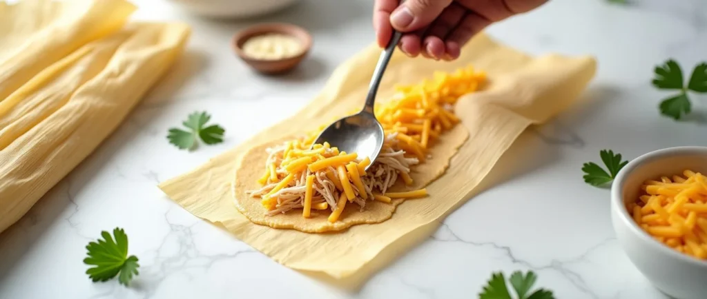 Step 4: Assembling Chicken Cheese and Chili Tamales. Corn husk filled with masa dough, shredded chicken, chilies, and cheese being folded for steaming