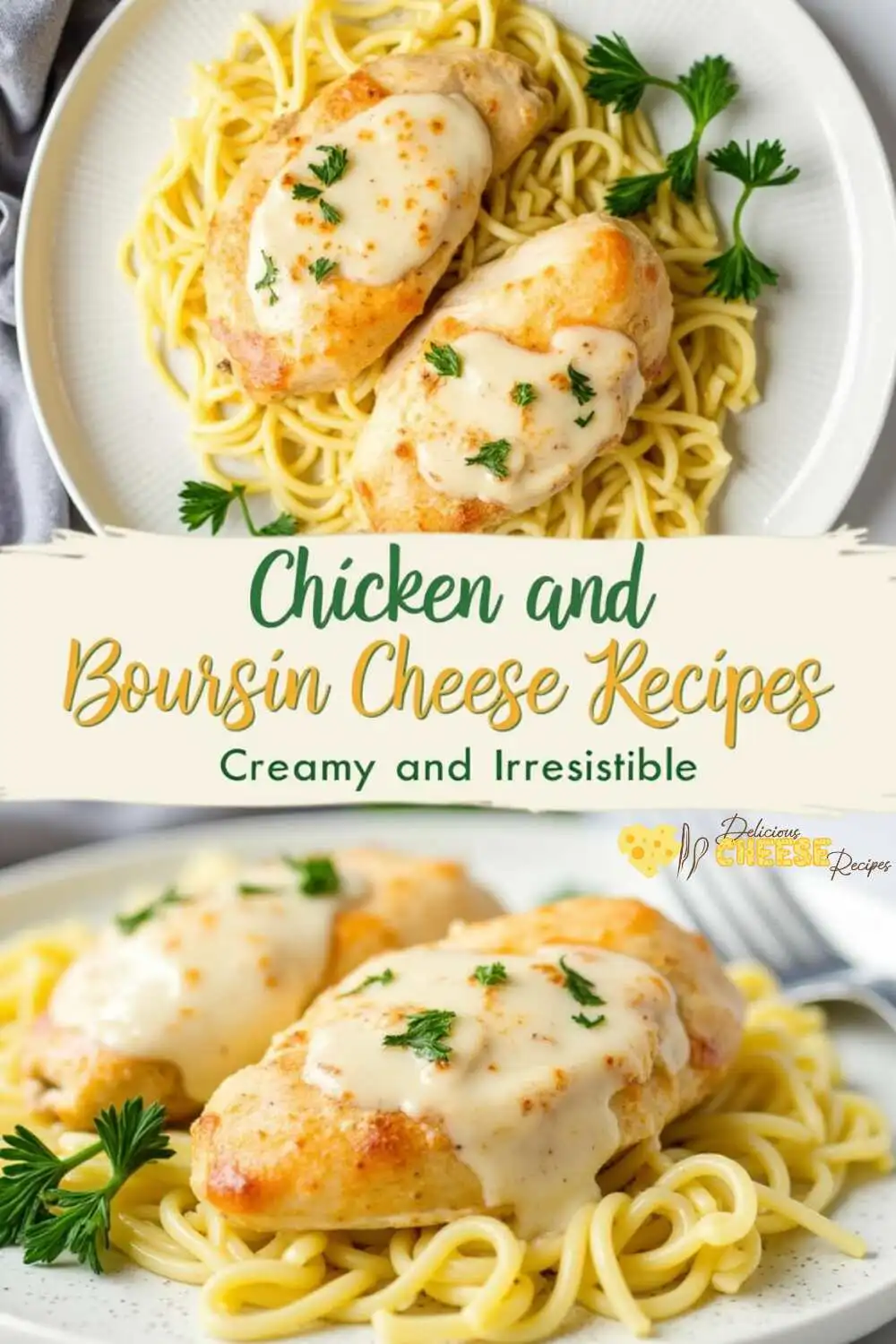 Chicken and Boursin Cheese Recipes: Creamy and Irresistible. Golden chicken breasts coated in creamy Boursin sauce, served with pasta and garnished with parsley.