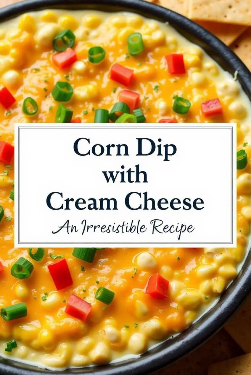 Golden baked corn dip with cream cheese topped with green onions and tomatoes