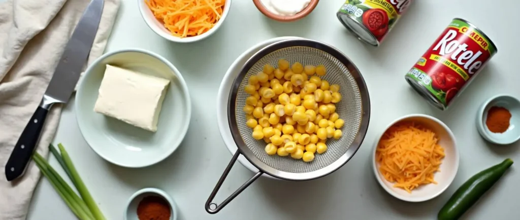 Ingredients for corn dip with cream cheese, including sour cream, Rotel tomatoes, shredded cheese, jalapeños, and spices, organized on a table