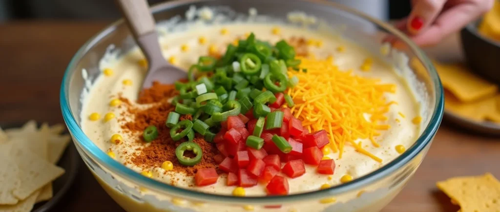 Combining corn, Rotel, shredded cheddar cheese, diced jalapeños, and green onions into the creamy base for the corn dip with cream cheese