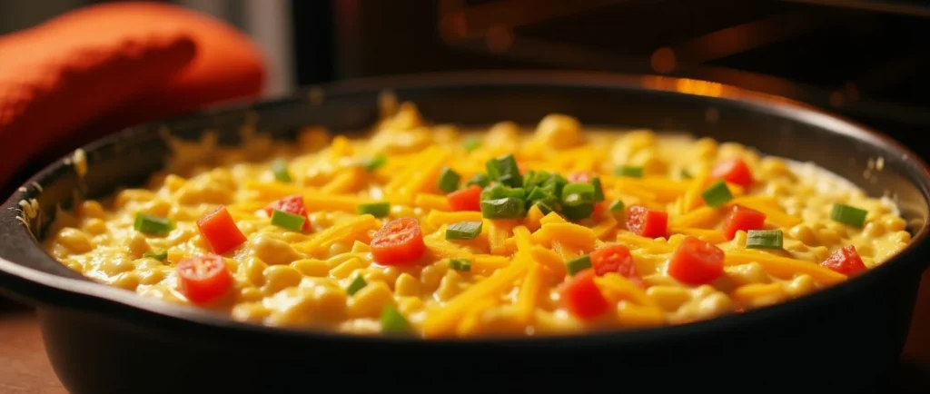 Corn dip with cream cheese mixture in a round black baking dish, topped with cheddar cheese, diced tomatoes, and green onions, ready to bake