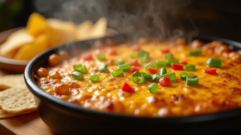 Freshly baked corn dip with cream cheese in a round black dish, golden and bubbly, topped with green onions and diced tomatoes, ready to serve