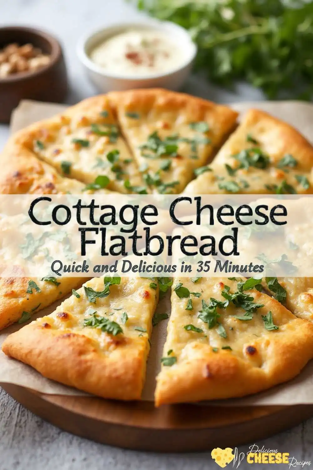 Golden cottage cheese flatbreads garnished with fresh herbs, served on a wooden plate with dips like yogurt sauce and hummus. The title 'Cottage Cheese Flatbread: Quick and Delicious in 35 Minutes' is displayed.