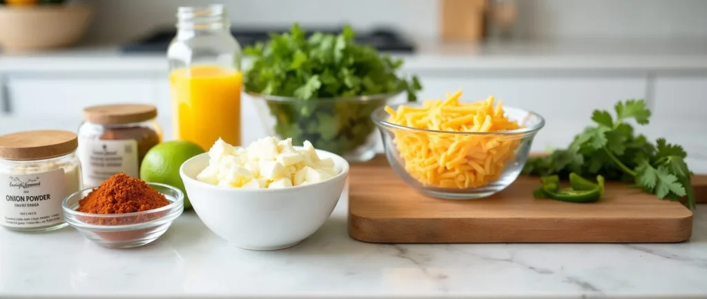 Preparing ingredients for cottage cheese queso dip, featuring cottage cheese, cheddar, and spices