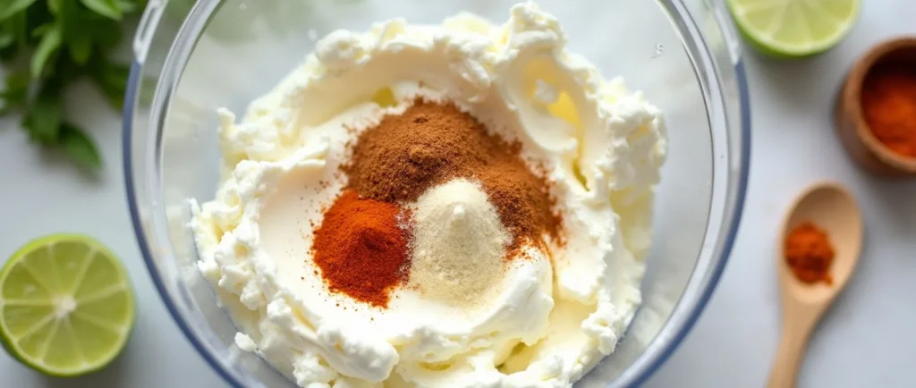 Blending cottage cheese and spices to create a creamy base for queso dip.