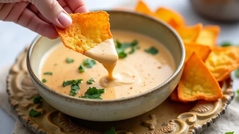 A creamy queso dip served in a rustic bowl, garnished with fresh cilantro and paired with crispy tortilla chips