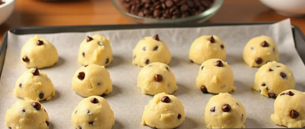 Cookie dough balls arranged on a baking tray, ready to bake cream cheese chocolate chip cookies