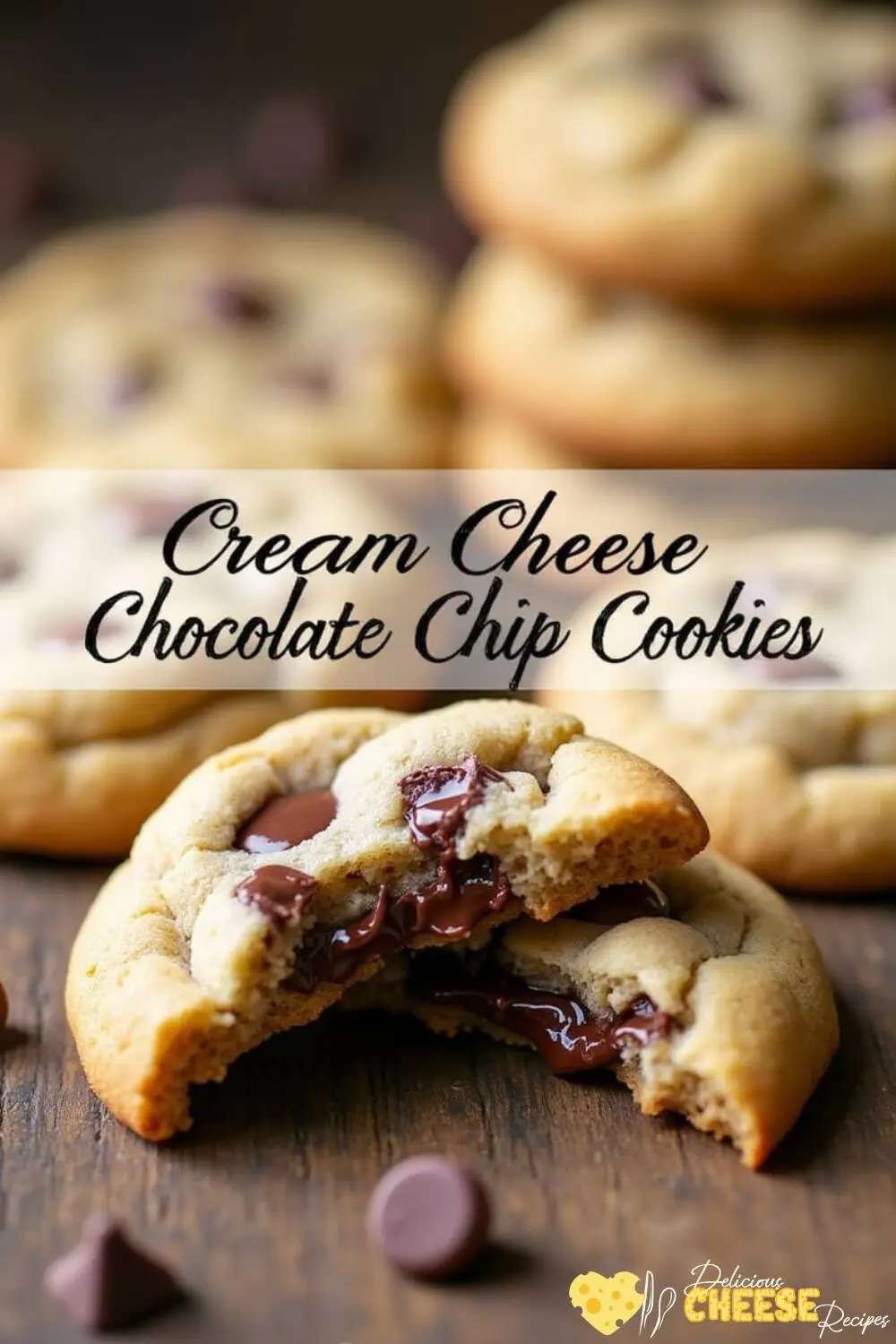 Golden cream cheese chocolate chip cookies with melted chocolate chips, freshly baked and stacked on a plate.