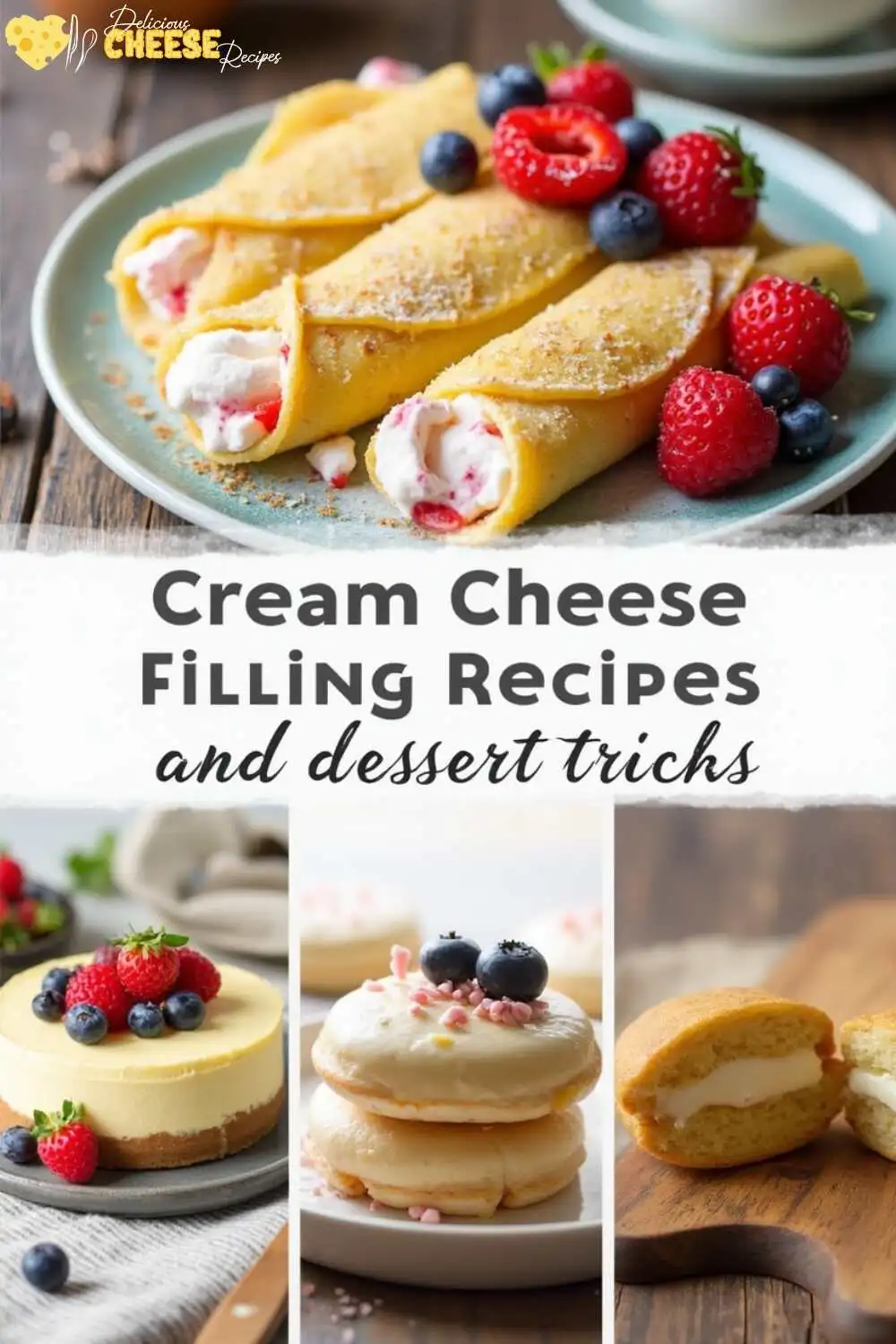 Creative cream cheese dessert ideas: crepes, cheesecake, and cookies with cream cheese filling.