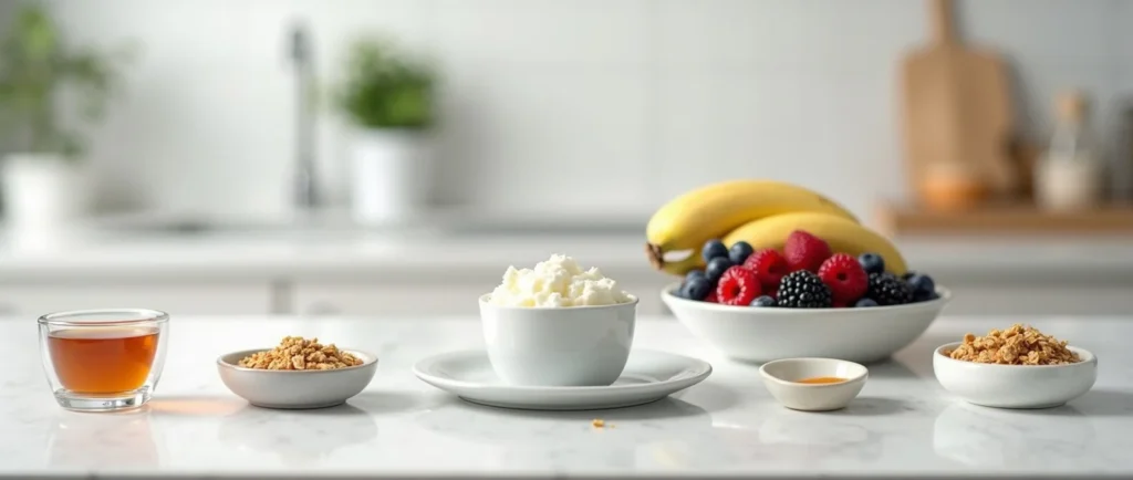 Step 1 of Daisy Cottage Cheese with fresh fruit and granola preparation, showing ingredients on a kitchen counter