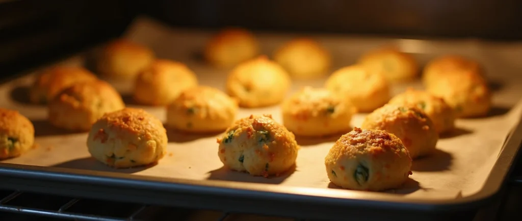 Gluten-free cheese bites baking in the oven, golden brown and perfectly crisp on a parchment-lined tray !!