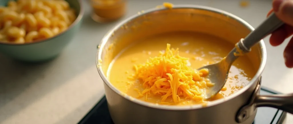 Creamy mac n cheese being prepared in a saucepan, with shredded cheddar cheese melting into the sauce and macaroni ready to be mixed for the Nashville Chicken with Mac n Cheese recipe