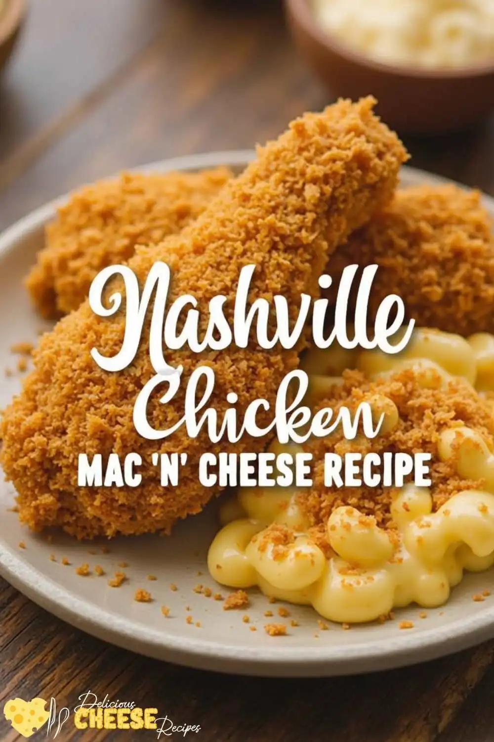 Nashville Chicken with Mac n Cheese recipe displayed with crispy fried chicken and creamy macaroni topped with breadcrumbs, styled for Pinterest.