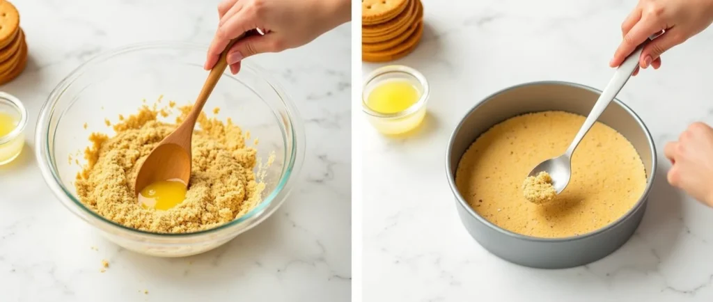 Mixing crushed digestive biscuits with melted butter in a glass bowl and pressing the mixture into a baking pan to form the cheesecake crust