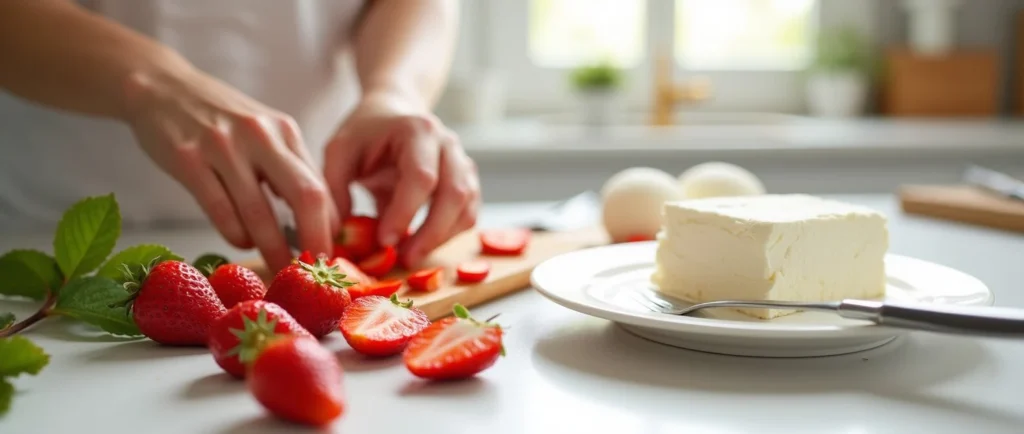 Fresh strawberries being washed and cut into small pieces alongside a block of softened cream cheese. Perfect preparation for strawberry cream cheese recipes