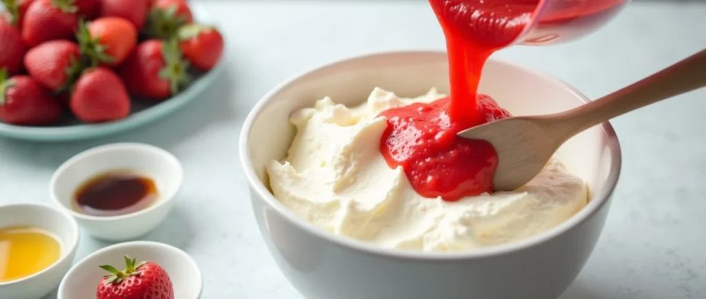 Fresh strawberry puree being poured into fluffy whipped cream cheese, a key step in creating the perfect strawberry cream cheese recipe