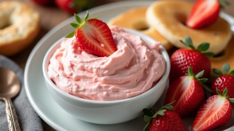 A bowl of creamy strawberry cream cheese served with fresh strawberries and bagels, showcasing its versatility as a spread or dip